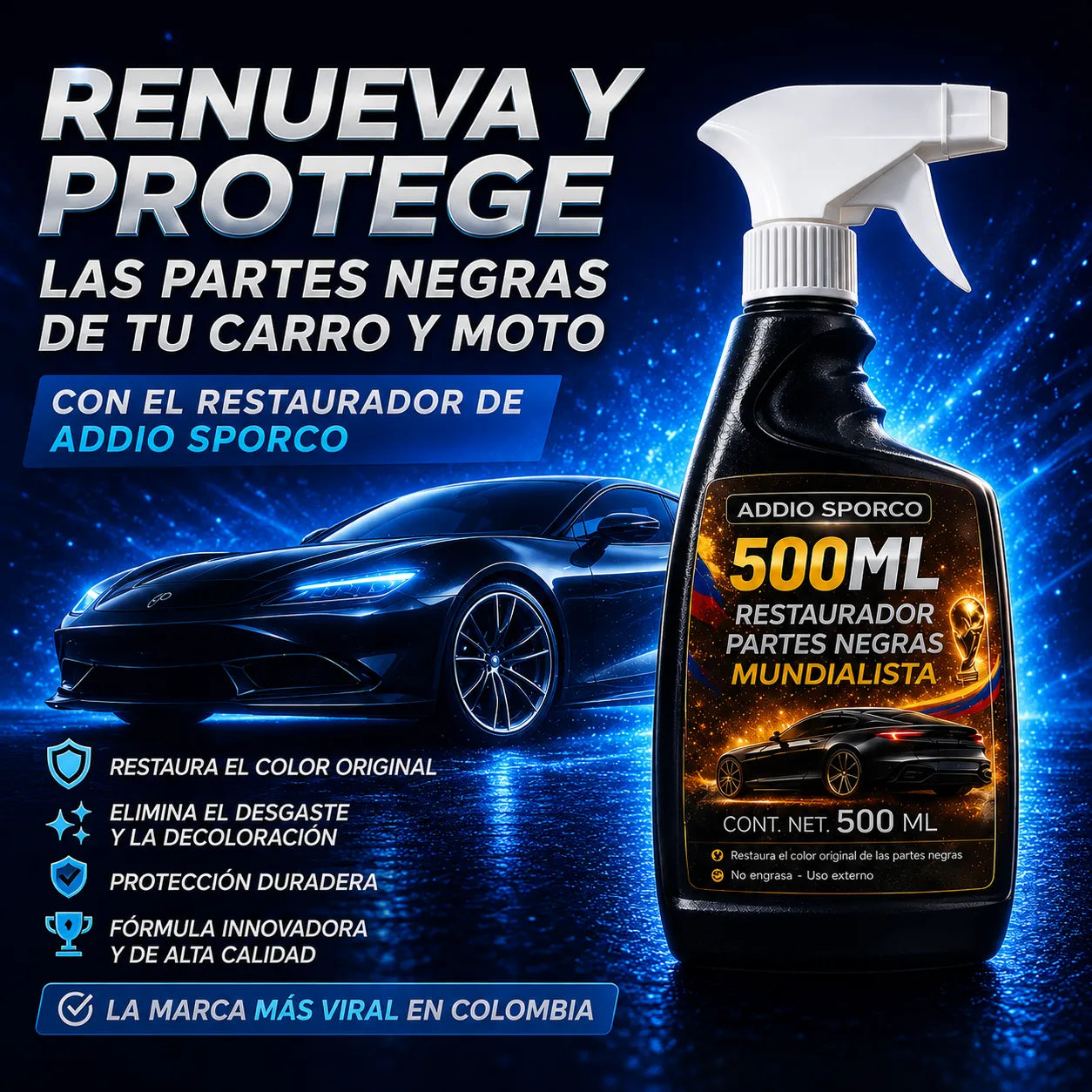 Restaurador Partes Negras 500ml + Cera y Esponja Gratis